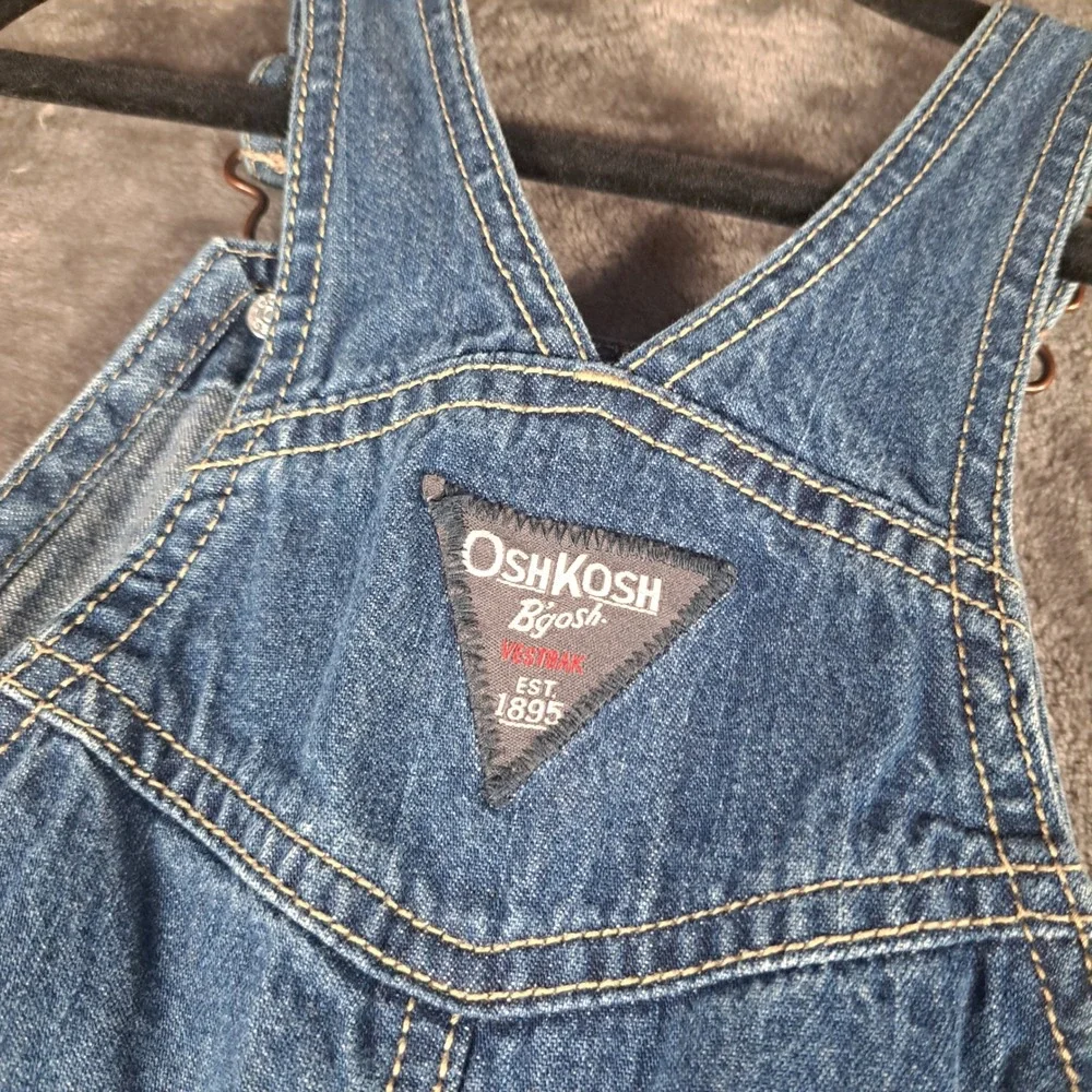 OshKosh B'gosh Blue Denim Carpenter Overalls 24 Months Yellow Logo Patch Casual